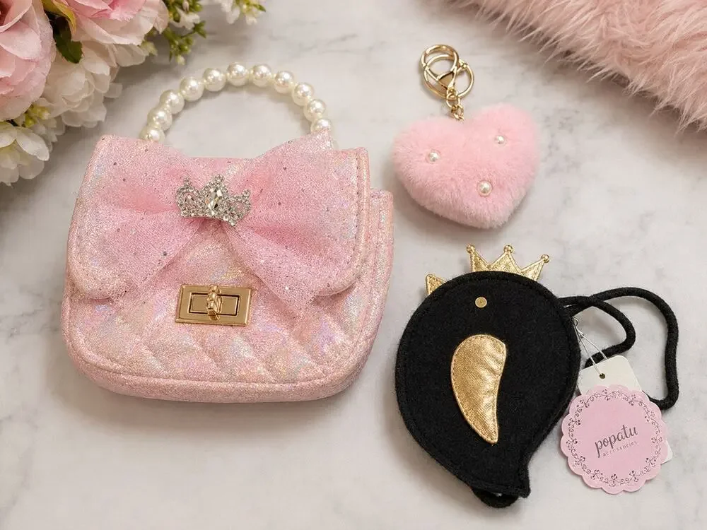 Lot of 3 little girls accessories: purses fluffy key chain bird metallic
